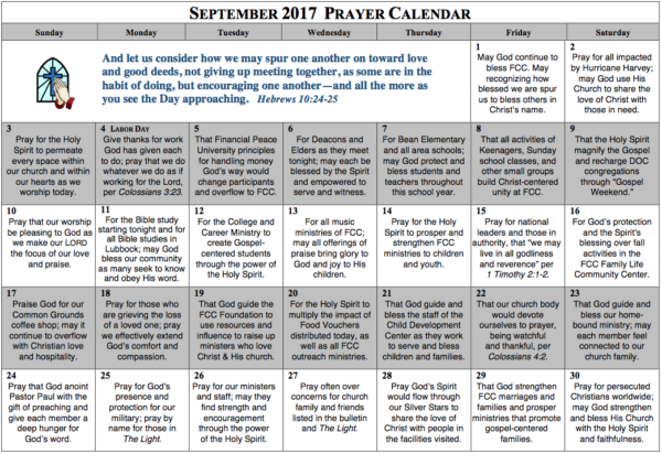 Prayer Calendar – September 2017 – First Christian Church of Lubbock