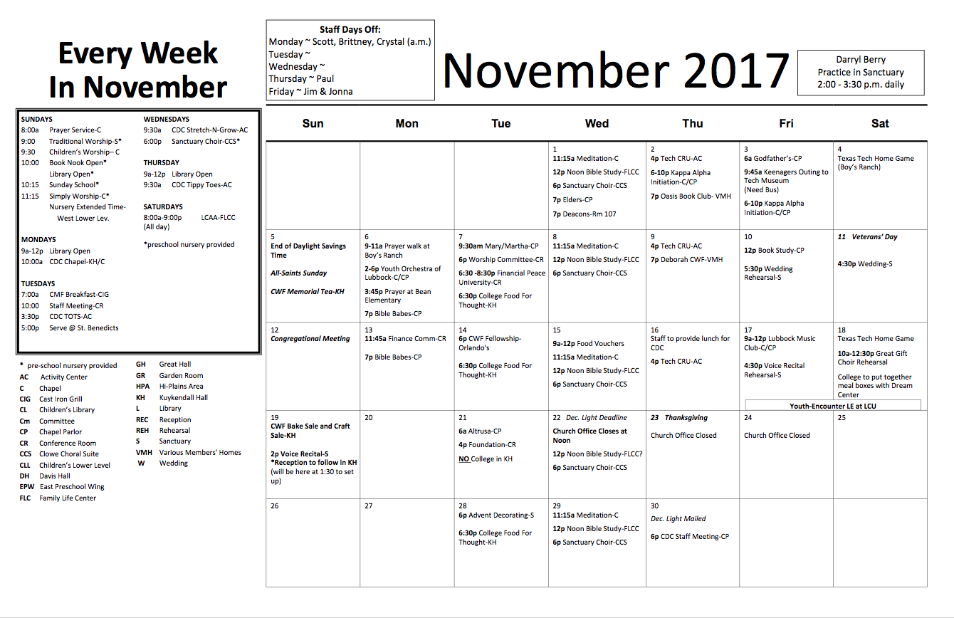 Church Calendar – November 2017